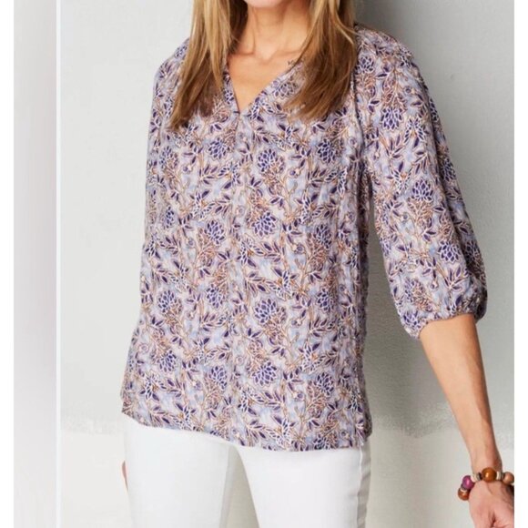 J. Jill Love Linen Peasant Blouse Size L Floral 3/4 Sleeve Beachy Coastal - Picture 1 of 9